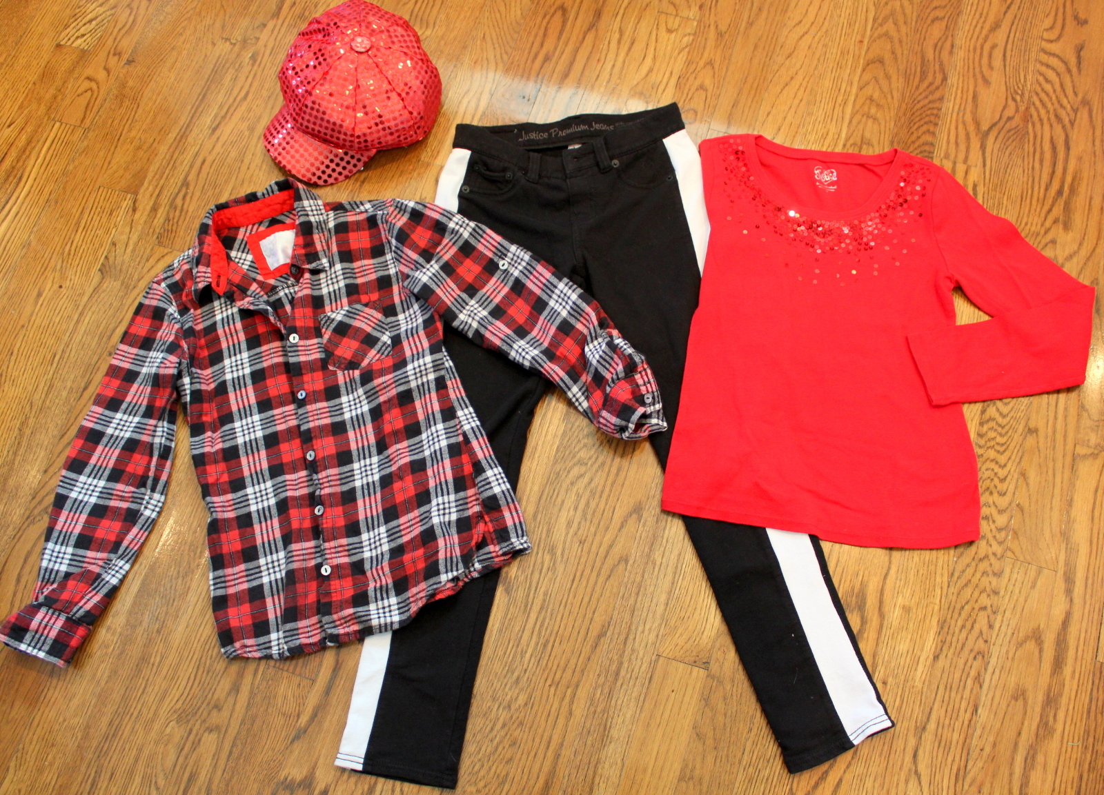 New Red Hat Justice Plaid Shirt Black Jeans Sz 10R 12 Sequins Lot