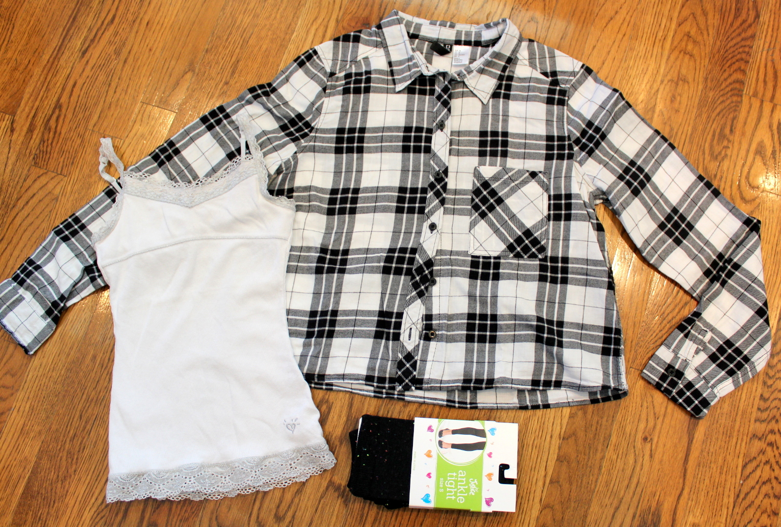 New Justice Sz 8 Tights Cami Divided Plaid Button Shirt 3 pc Lot