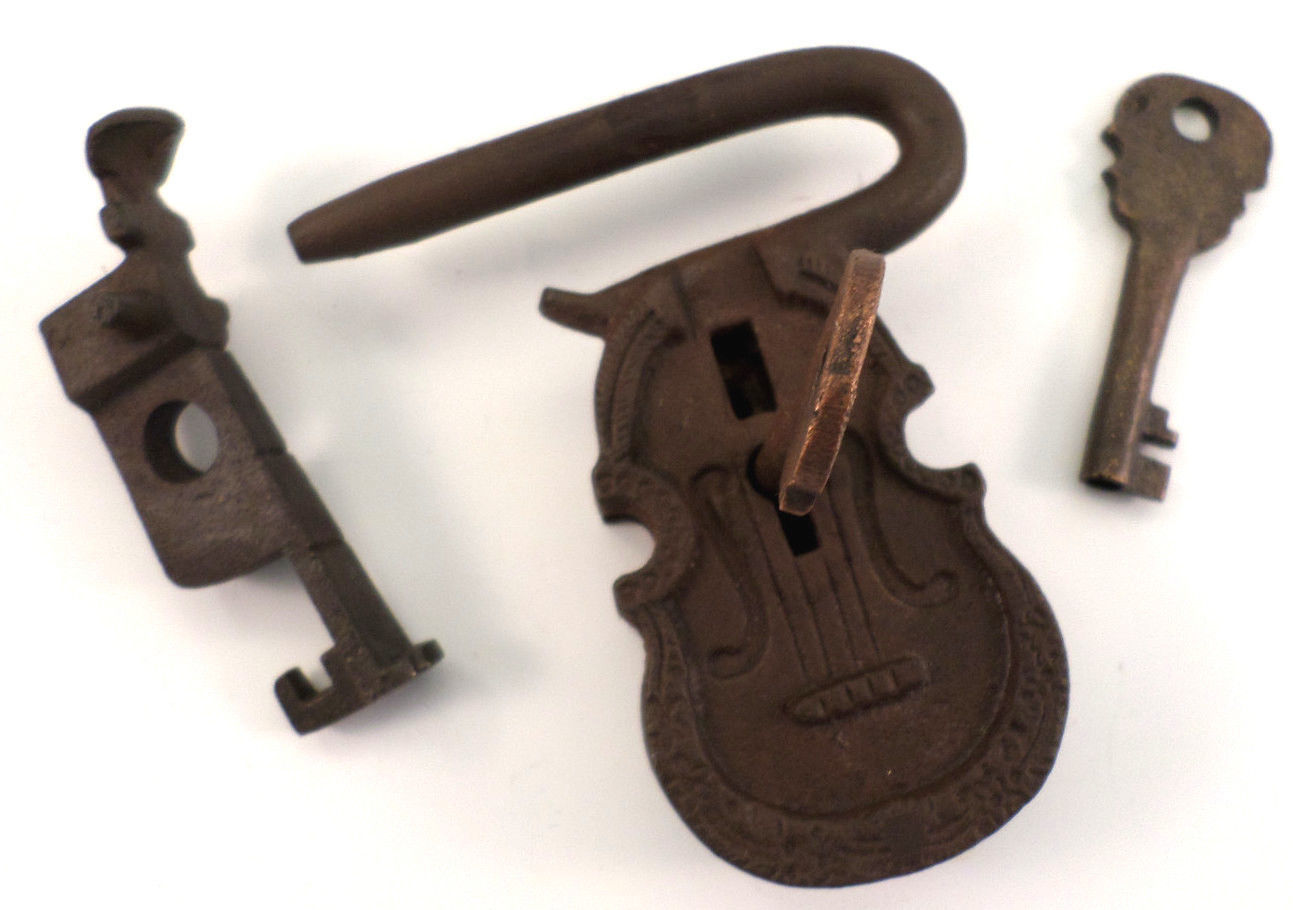 Violin Lock And Key Set Vintage Cast Iron With Brass Inner Workings 