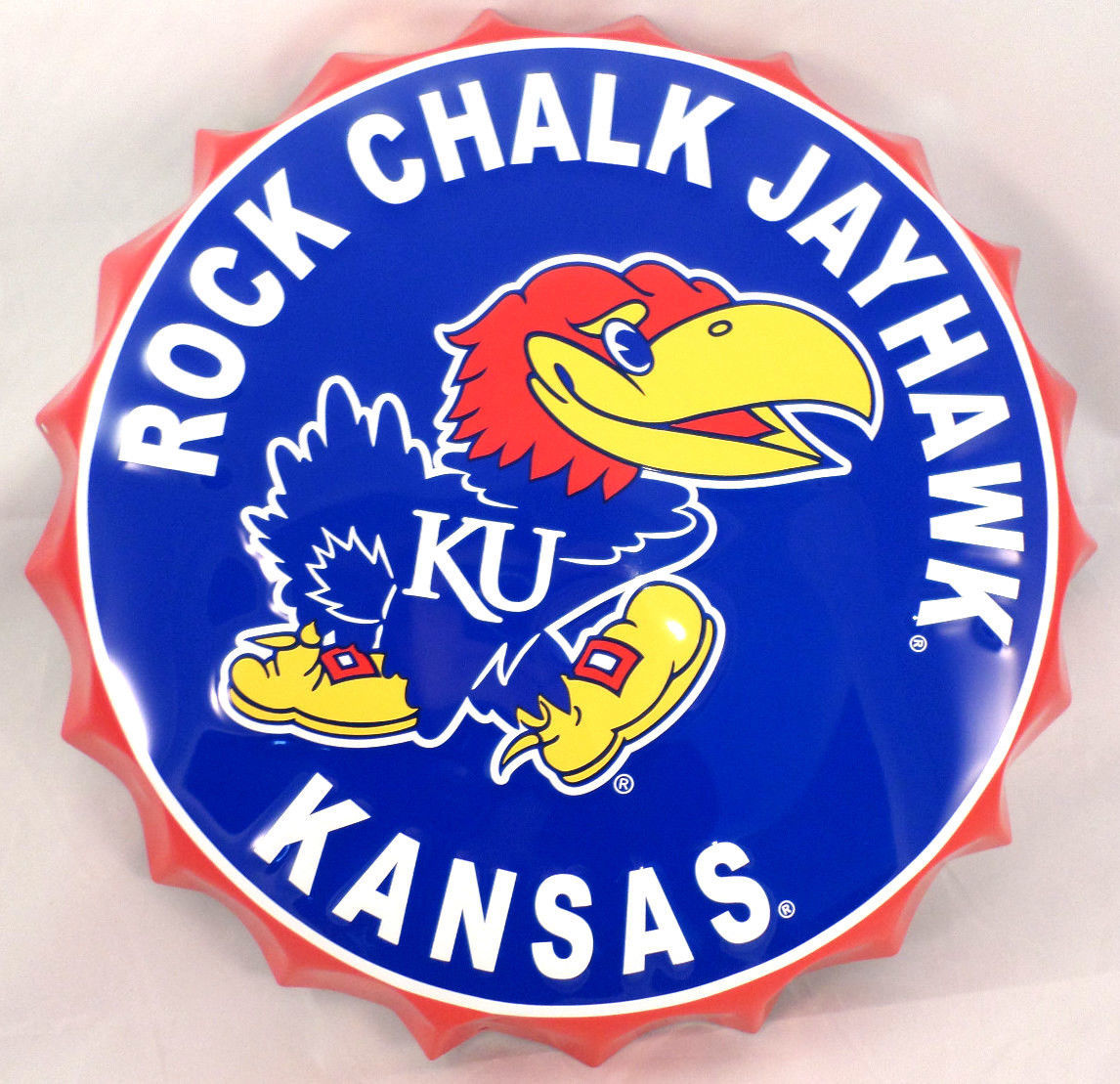Ku Rock Chalk Jayhawk Kansas Bottle Top Metal Sign 19" Diameter Made In
