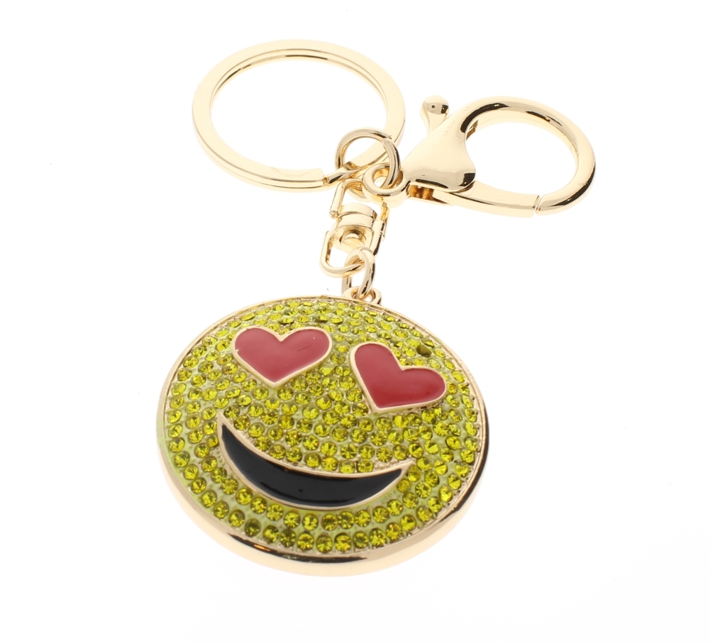 Rhinestone Bling Gold Tone Key Chain Fob Purse Charm Emoji Smiley Face