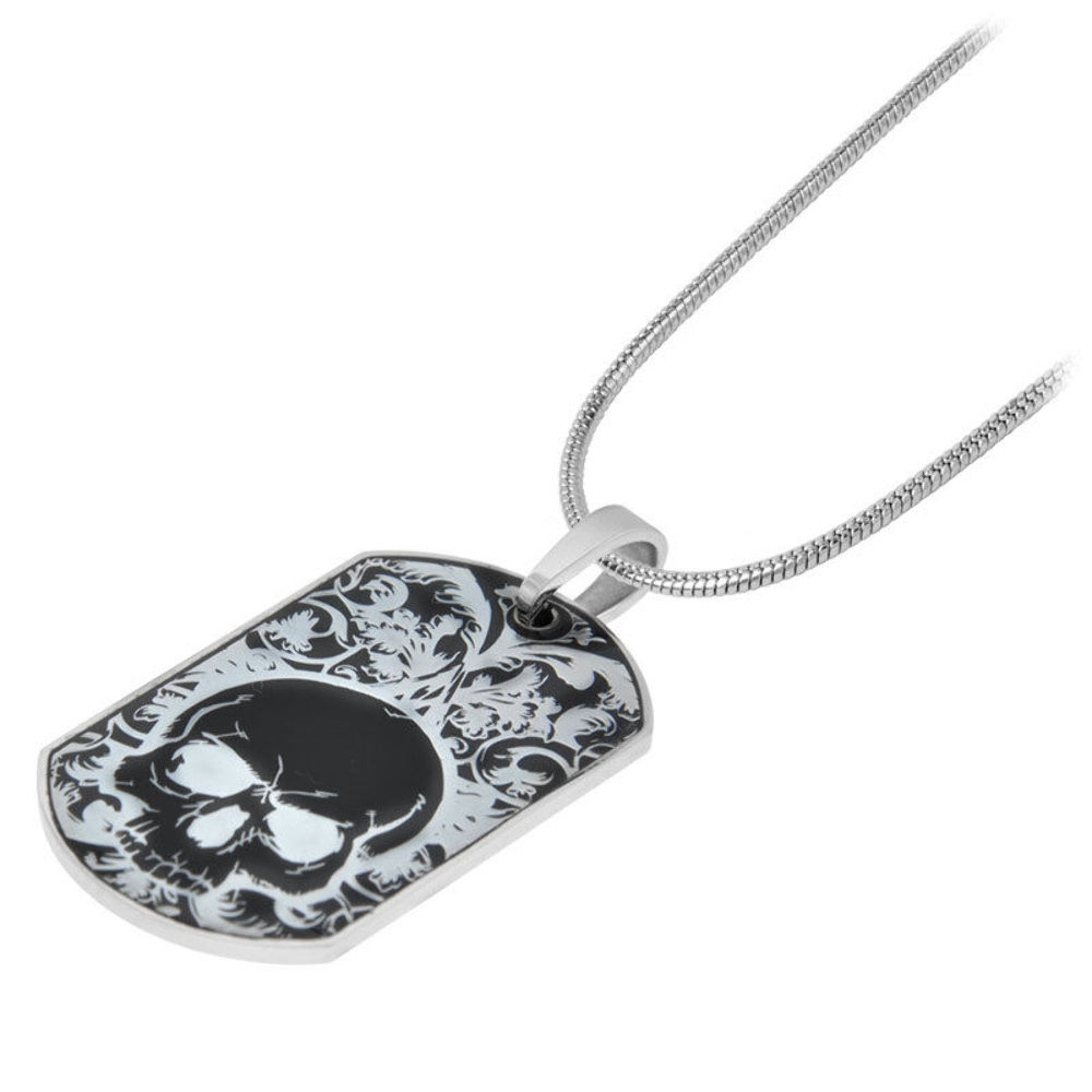 Inox Men'S Dog Tag With Skull Design Stainless Steel Necklace Pendant 