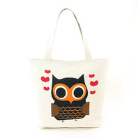 Lovely Owl Screen Print On Canvas Tote Bag Handbag Purse