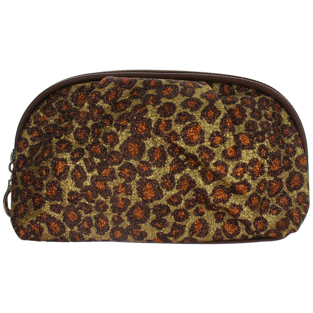 Cosmetic Bag in GlitterLeopard Print Brush or Make-up Bag dual zipper Clutch