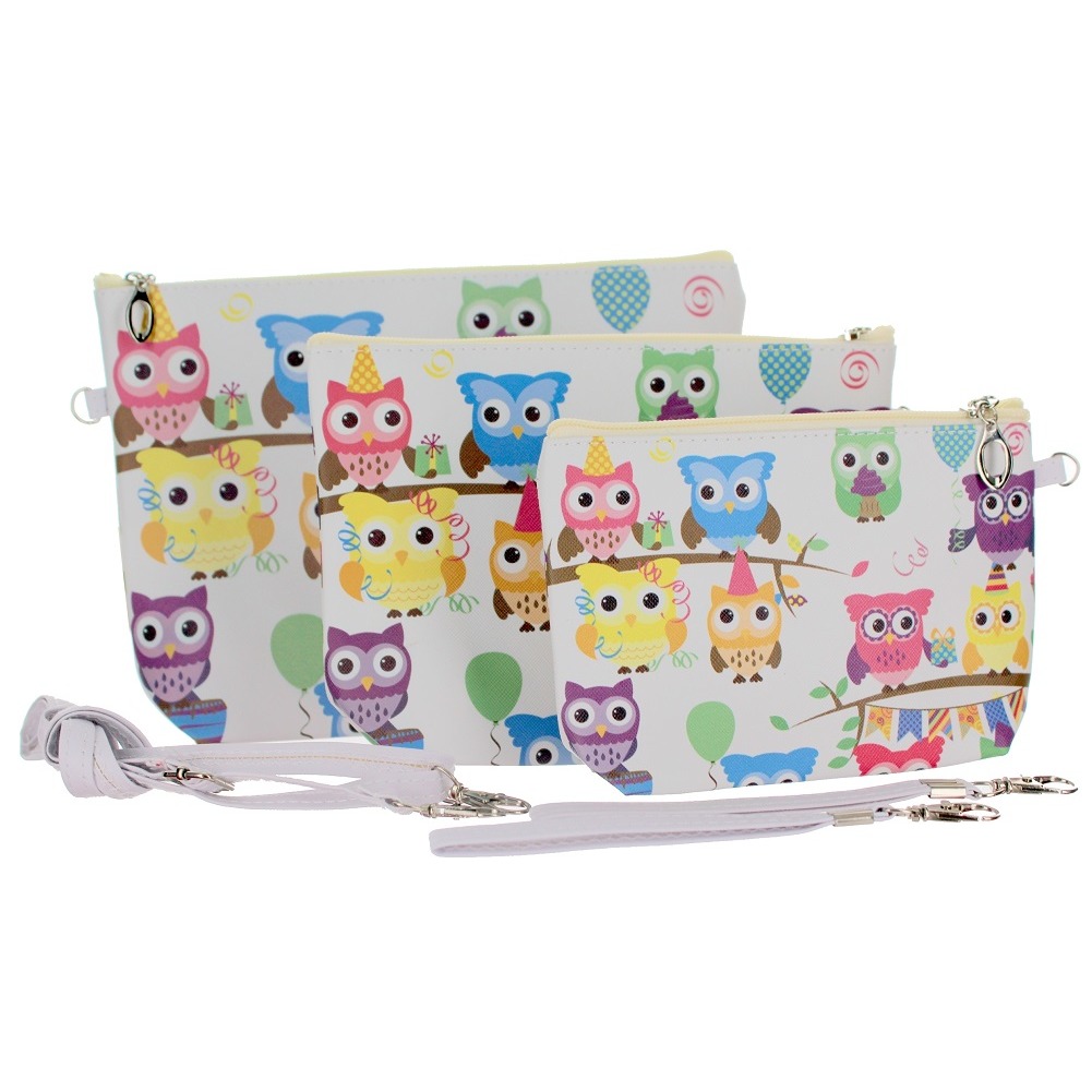 Hoot Hoot Owls Cosmetic Bag Wristlet Trio Small Medium Large