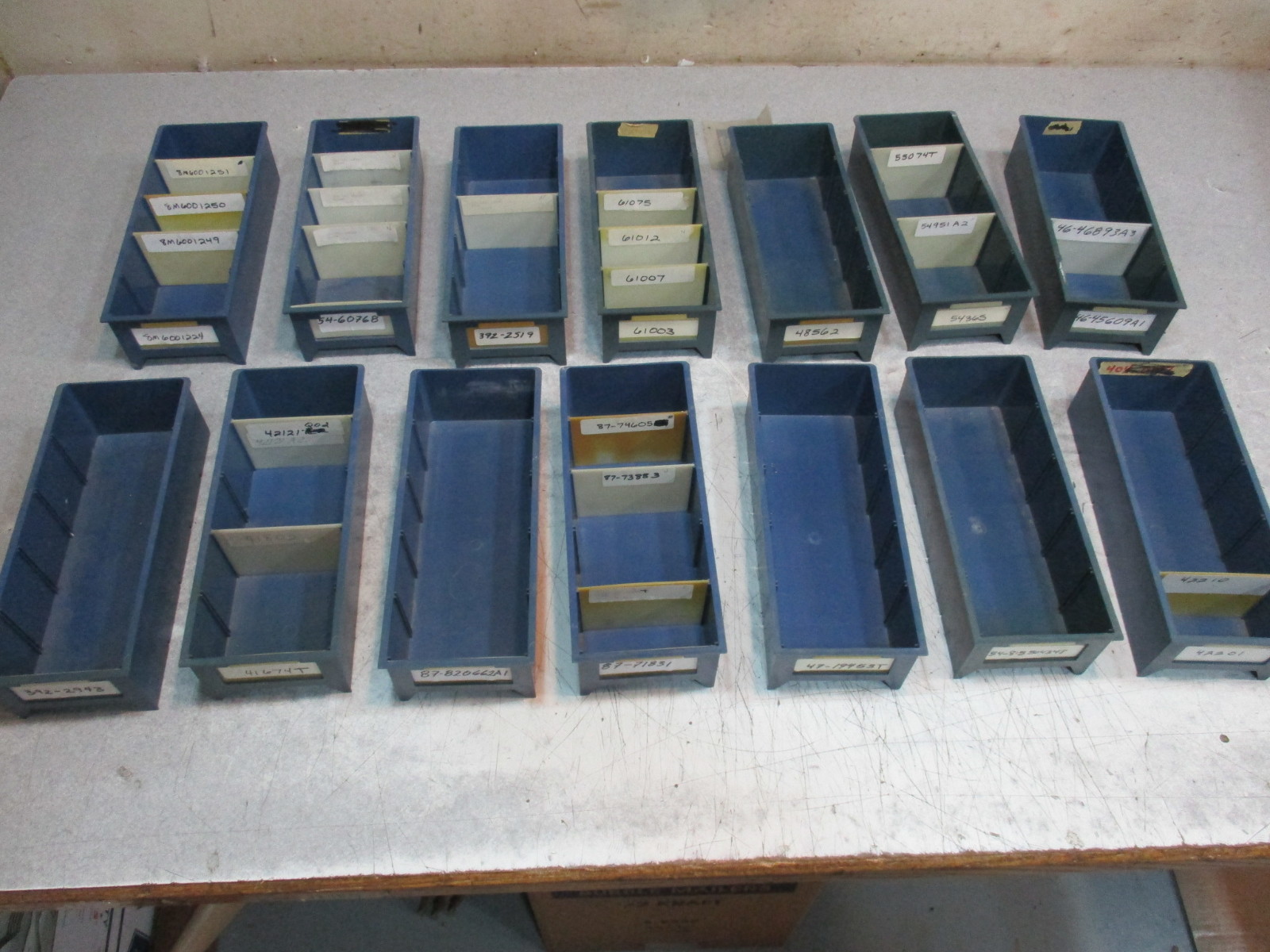 Lot of 14 Blue Plastic Parts Storage Bins 5 W x 12 L x 3 1/4 H Maximize