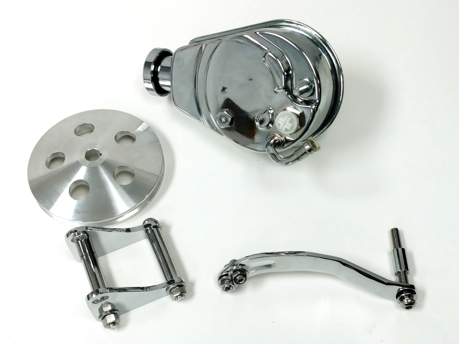 SBC Chevy Chrome Saginaw Style Power Steering Pump w/ Bracket & Pulley