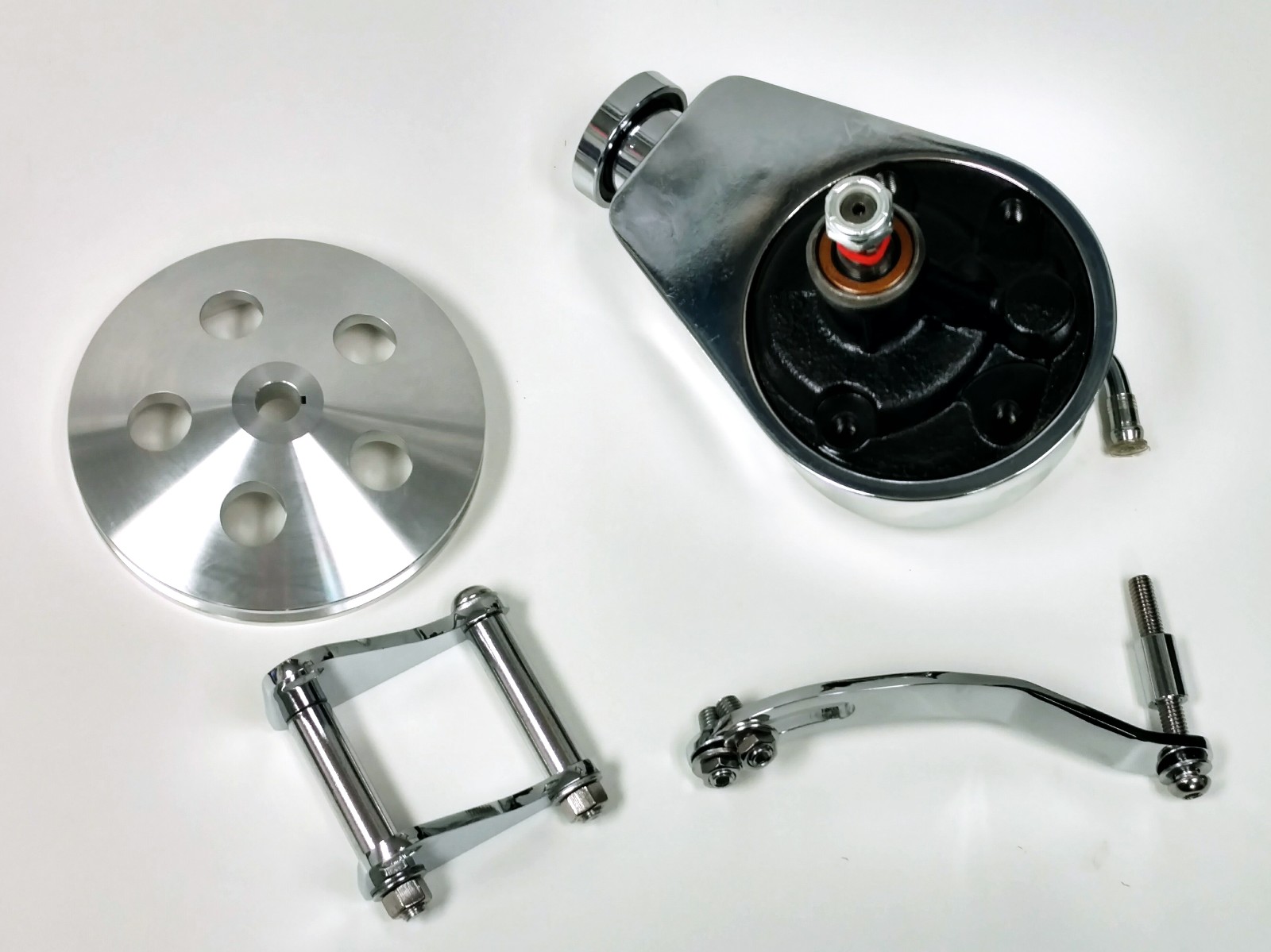 SBC Chevy Chrome Saginaw Style Power Steering Pump w/ Bracket & Pulley