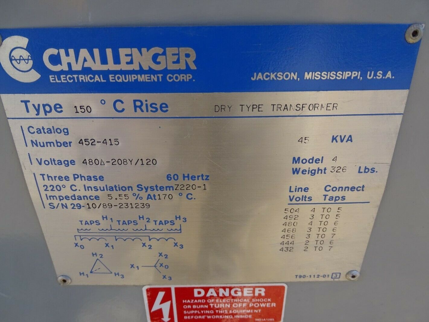 Challenger 45kVA 3-Phase Transformer, 480v x 208Y/120v, 452-416