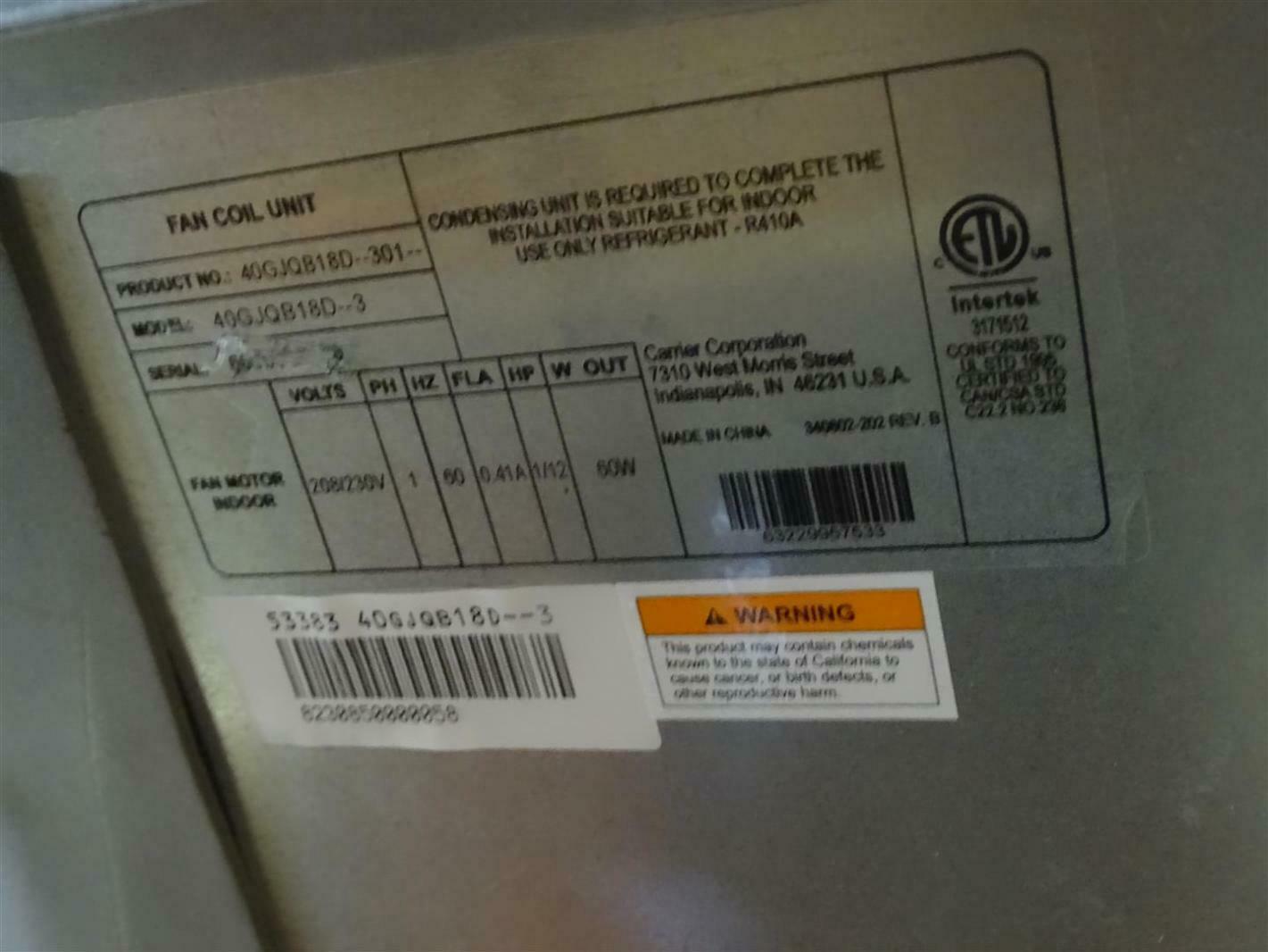 Carrier Ducted Air Handler Indoor Unit, 208/230V, 40GJQB18D--3