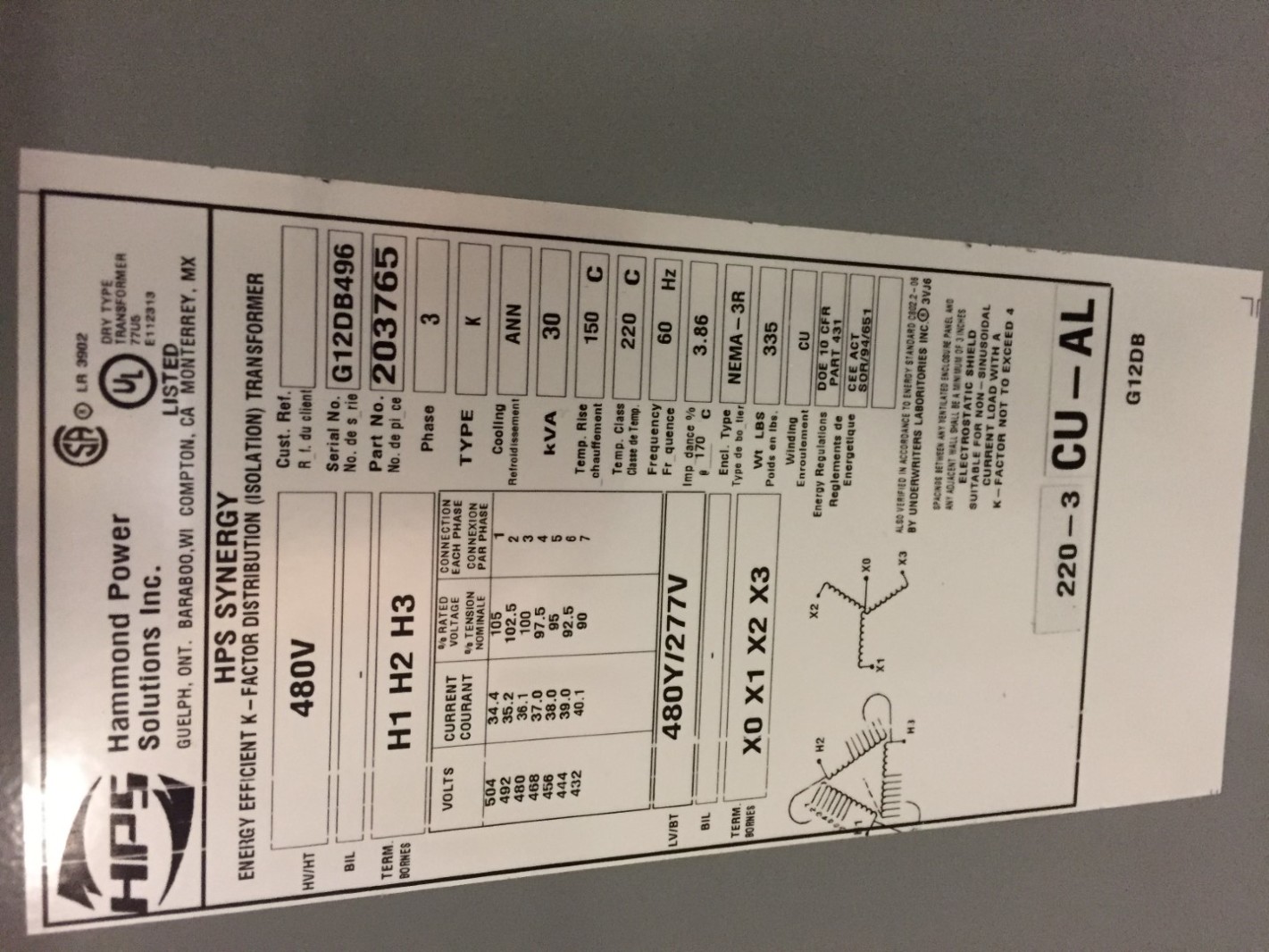 Hammond 30 kVA Transformer 480Y/277V x 480V 3PHASE 203765