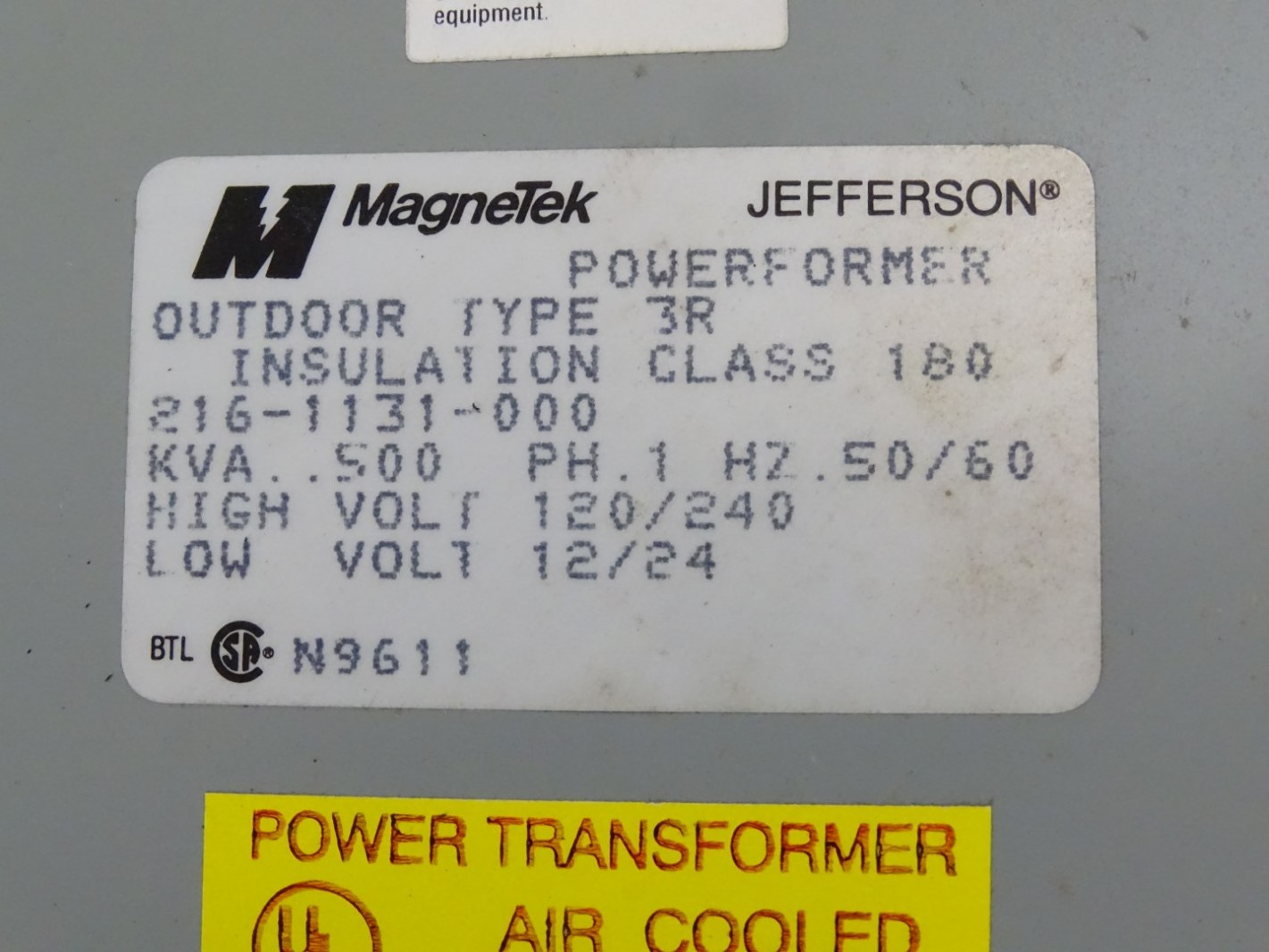 Magnetek .5 kVA Transformer 120/240 x 12/24, 21G-1131-000