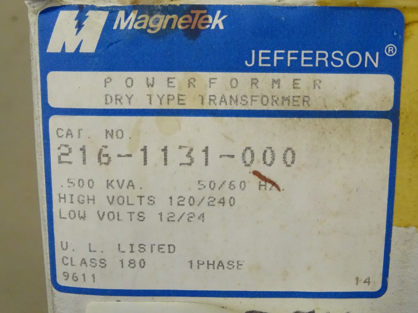 Magnetek .5 kVA Transformer 120/240 x 12/24, 21G-1131-000
