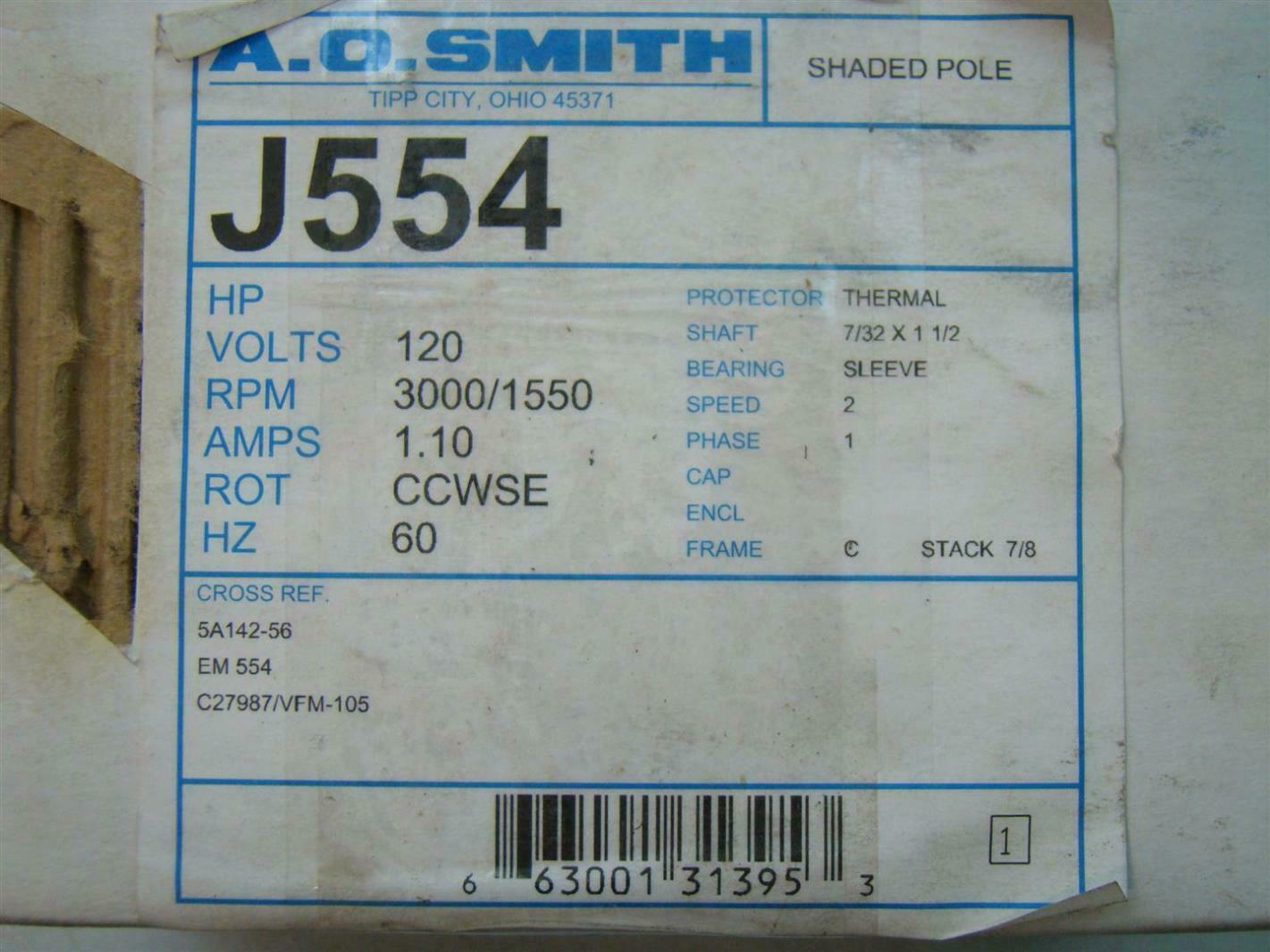 AO Smith 120V 3000/1550RPM 1.1Amps PH1 7/32 x 1 1/2 Shaft J554 | Joseph