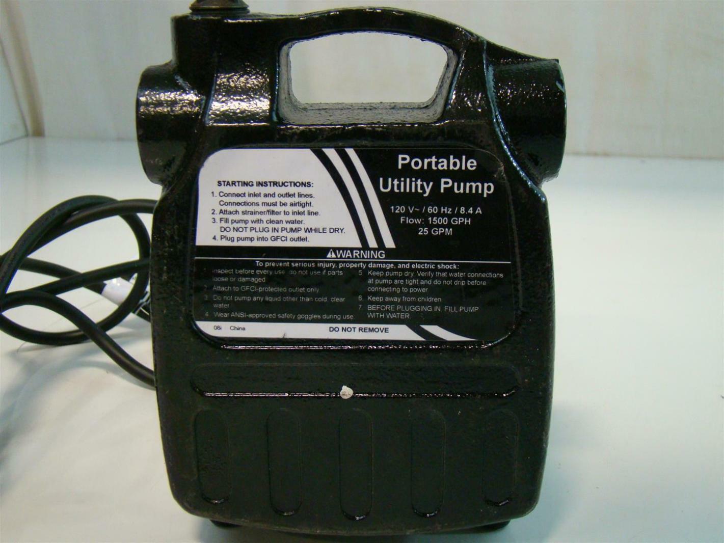 Portable Cast Iron Utility Pump 120V 8.4A 1500GPH 25 GPM 3/4