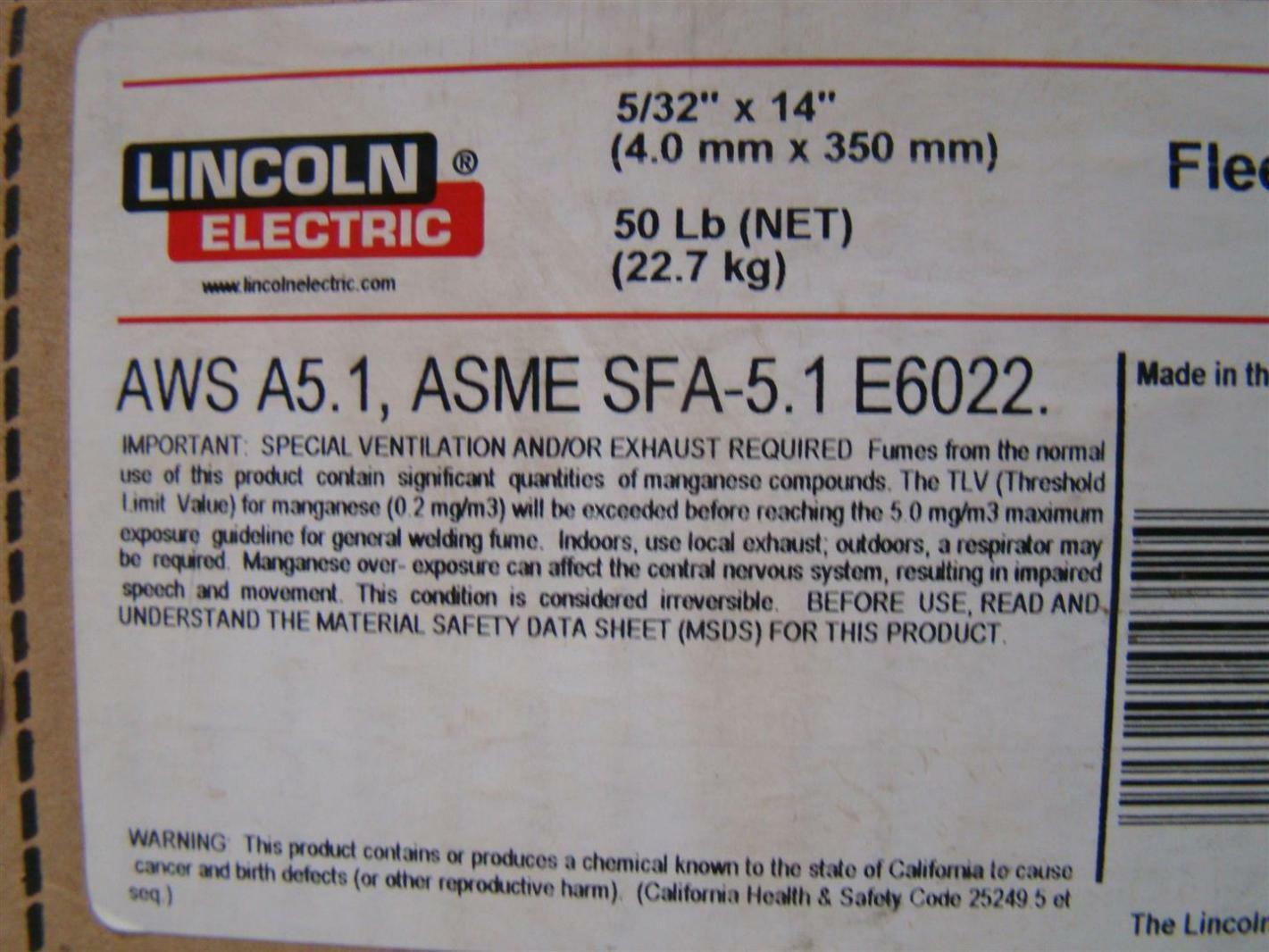 Lincoln Electric 5/32" E6022 Fleetweld Welding Rod 50 LBS. 22 ED021895