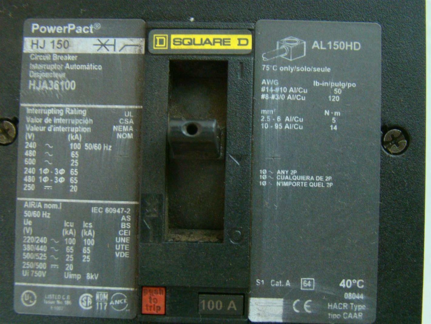 Square D ILine Circuit Breaker HJ 150 100A PowerPact HJA36100 Joseph