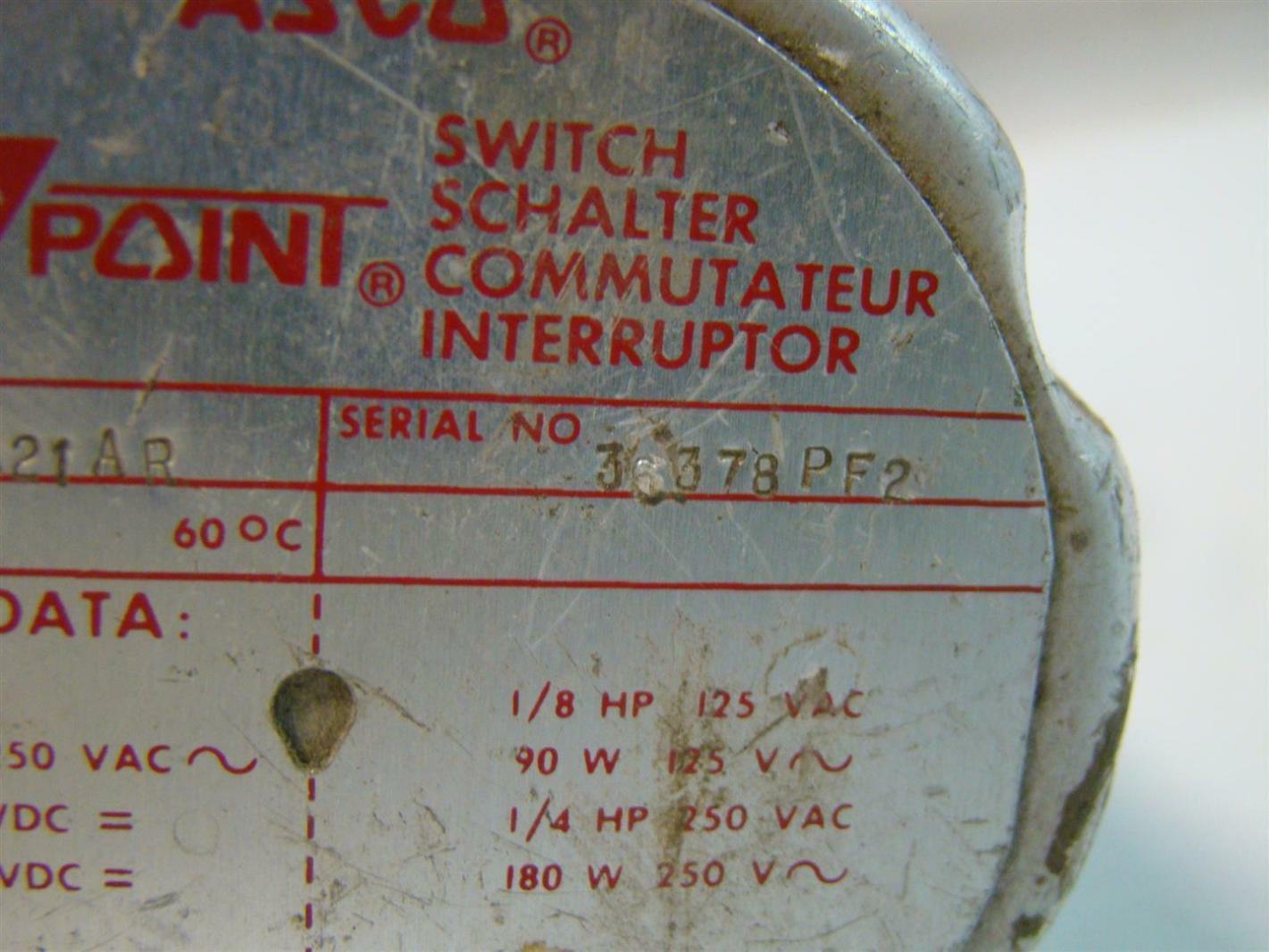 Asco Tri Point Switch 1/8HP 125Vac 36378PF2 SA21AR