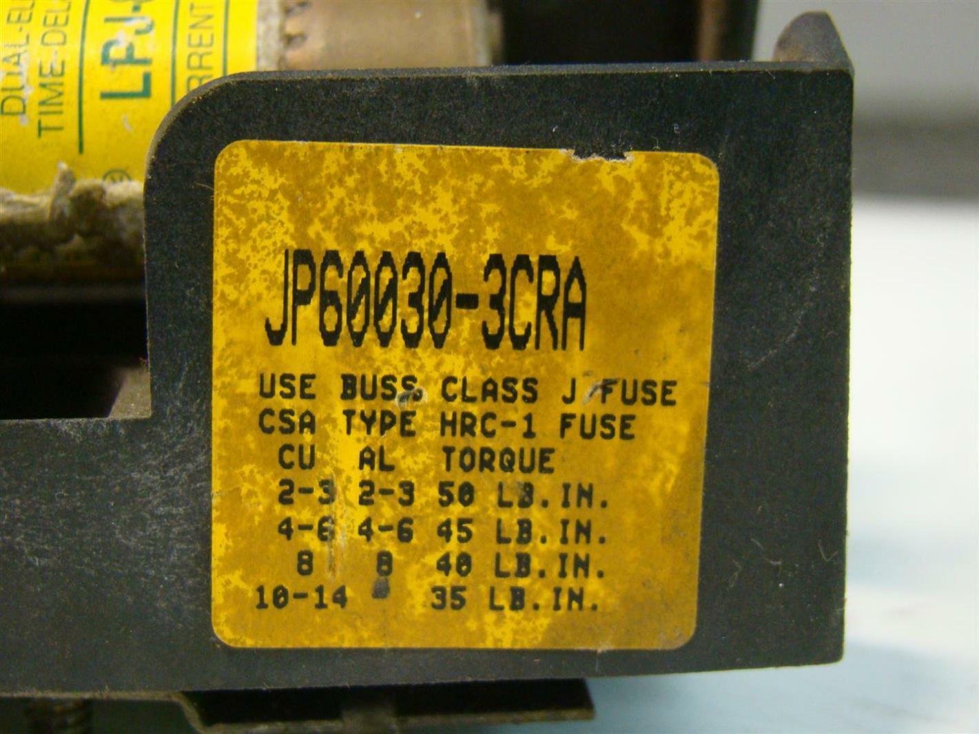 Buss Fuse Block 3 Pole 30A600V 60C/75C Wire 200K Amp JP600303CRA