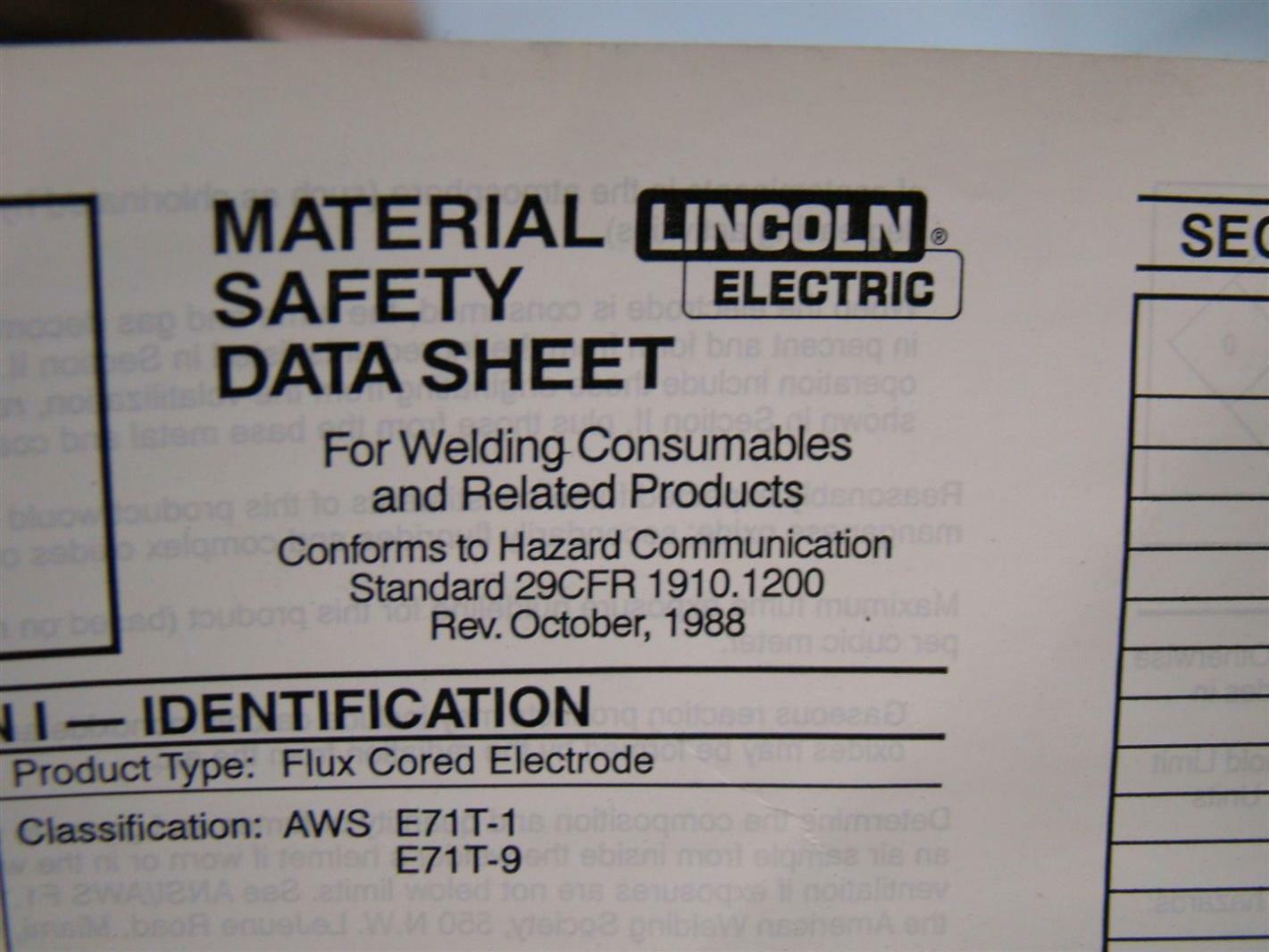 Lincoln Electric Material Safety Data Sheet 1/16" Outershield 71 Cored