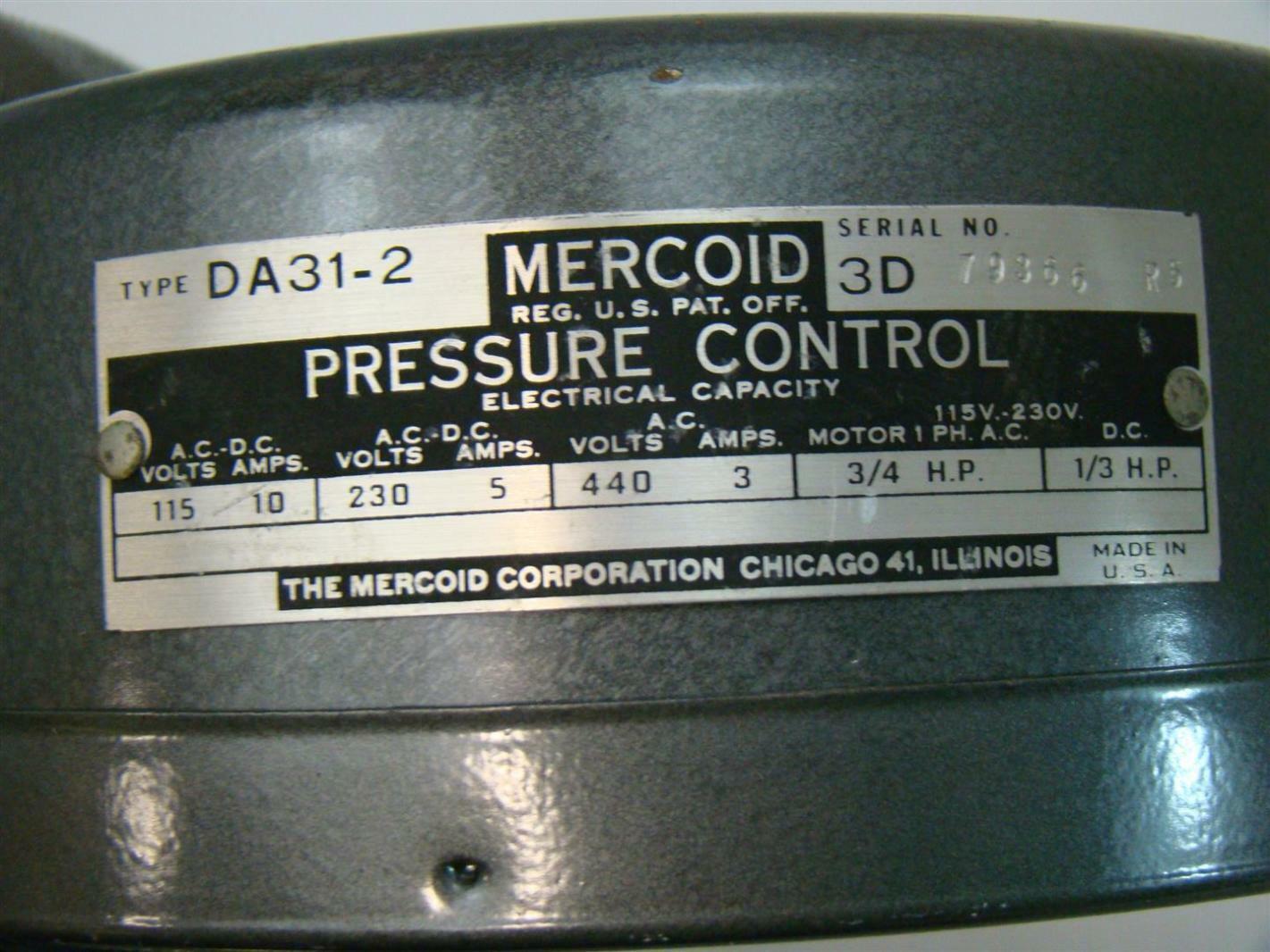 Mercoid Control 115/230V 440V 10/5Amps 3Amps 1/3HP 79366 R5 DA31-2 ...