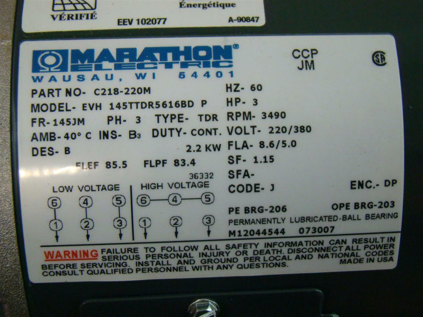 Marathon Electric 3HP Motor 3490RPM 220/380V 3PH EVH 145TTDR5616BD P