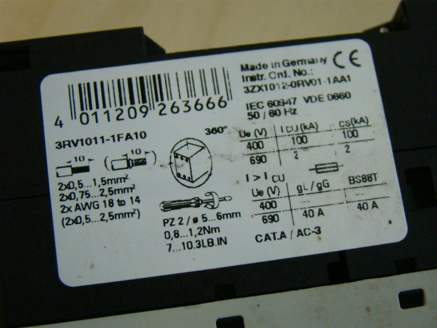Siemens 3ZX1012-ORV01-1AA1 3RV1011-1FA10 | Joseph Fazzio, Incorporated