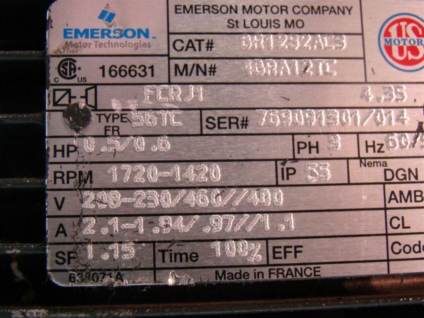 Emerson Electric Motor 1/2HP 208-230/460v  1720Rpm 2.1A BR1232AC3