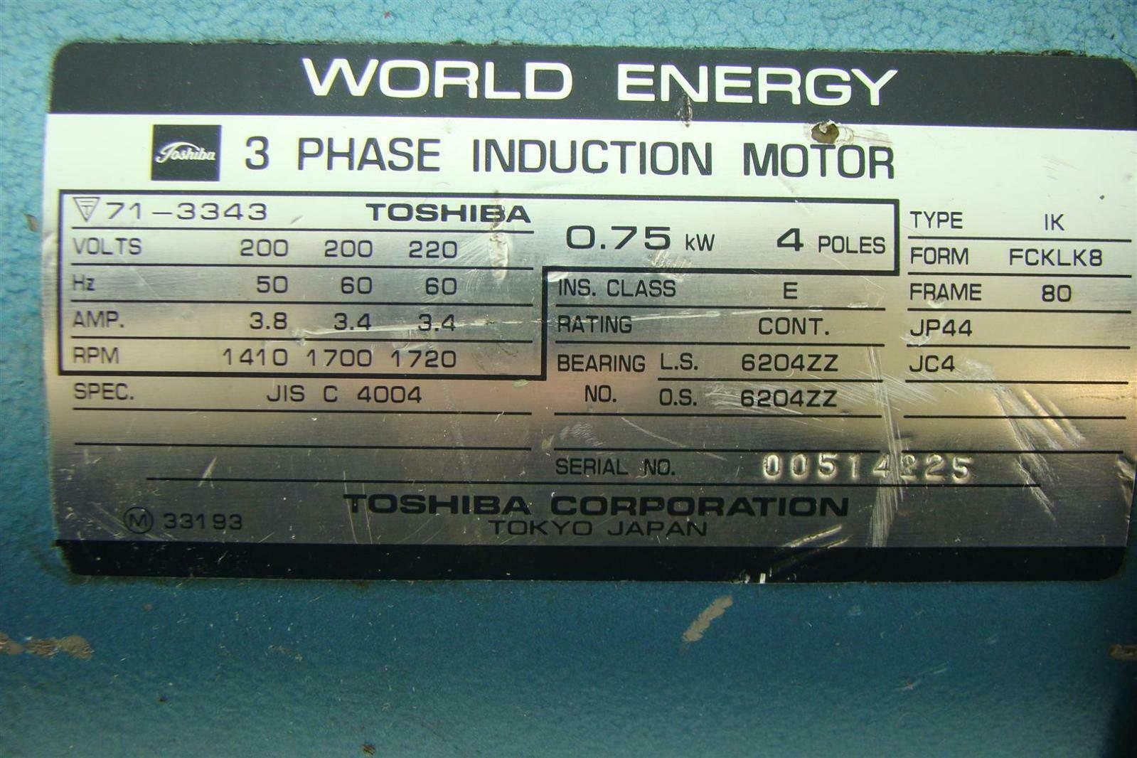 Toshiba Induction motor 3PH 3.8/3.4A 1410/1700Rpm .75kW 4