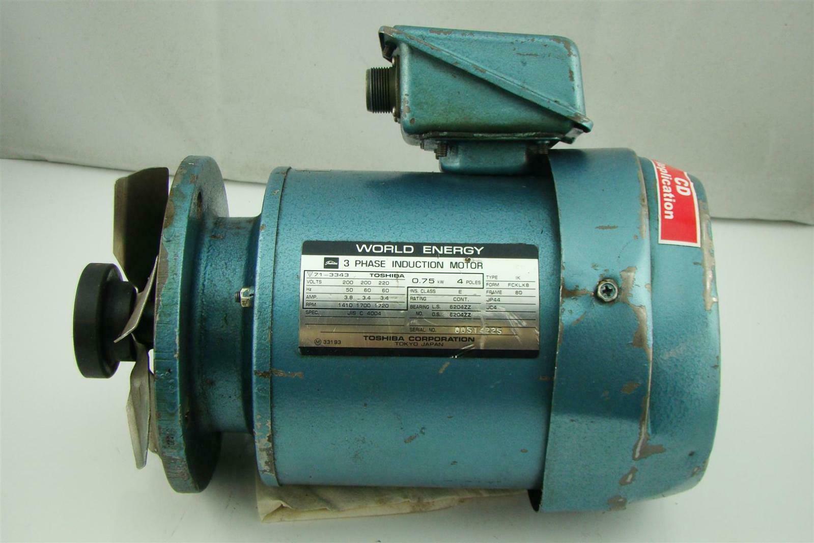 Toshiba Induction motor 3PH 3.8/3.4A 1410/1700Rpm .75kW 4 poles 71