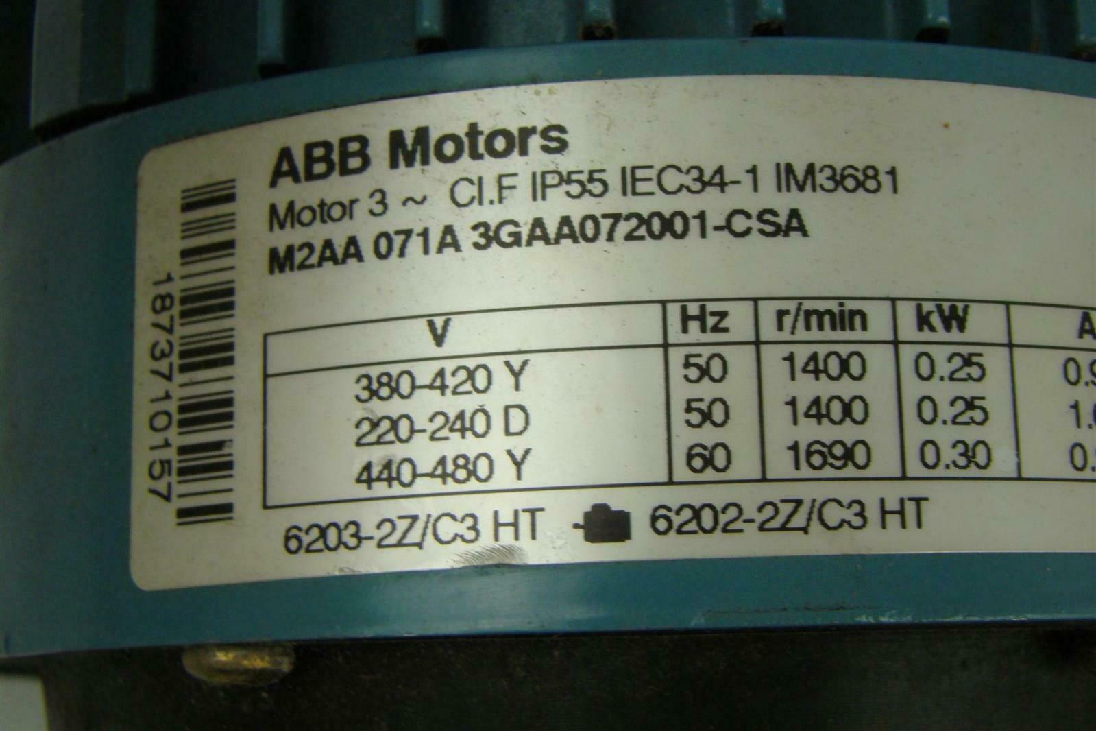 Abb Electric Motor , 480 V, 60Hz,1690 Rpm, .30Kw, 1 3/8"X.55 Shaft