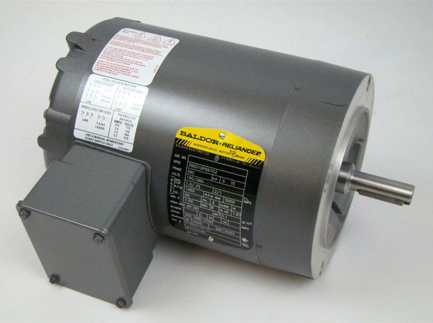 Baldor Reliancer Inverter Duty motor 1450Rpm 3PH 56C 1/2HP 190/380V 35W010P667G2