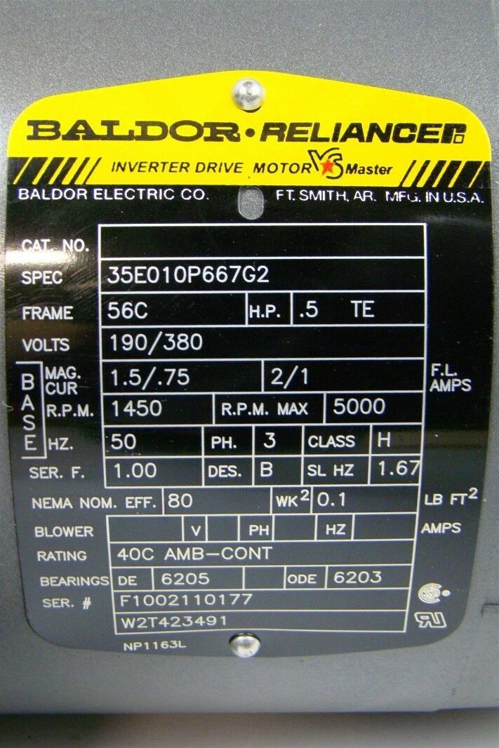 Baldor Reliancer Inverter Duty motor 1450Rpm 3PH 56C 1/2HP 190/380V 35W010P667G2