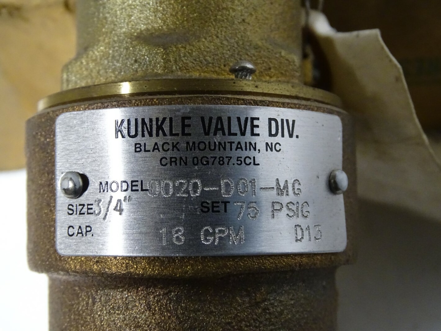 Kunkle Valve Div Safety Relief Valve Bronze 3/4" 75psi, 18 GPM, 0020