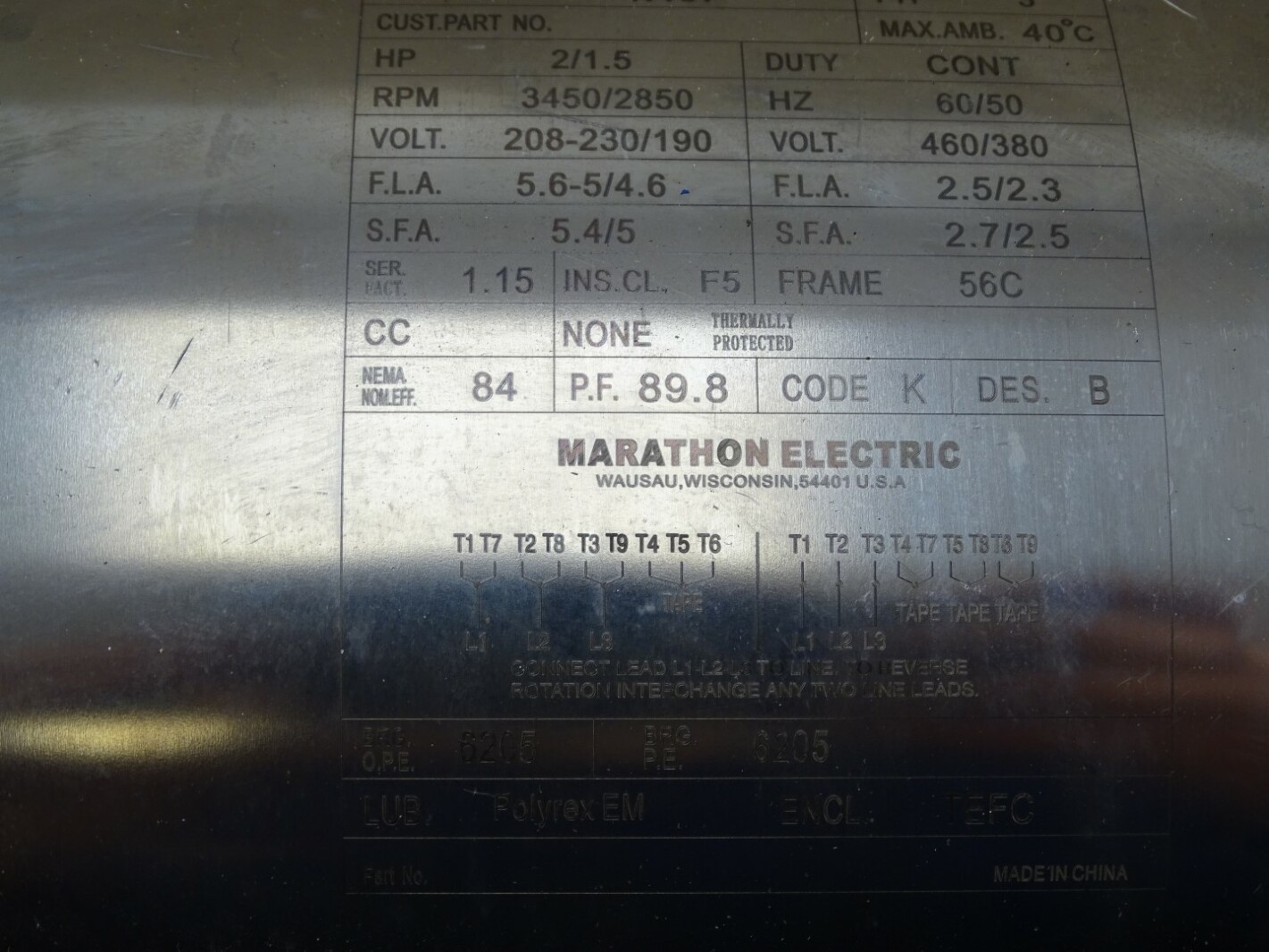 Marathon Electric  2HP Stainless Washdown Motor 460v 3450rpm, 56T34WD5303