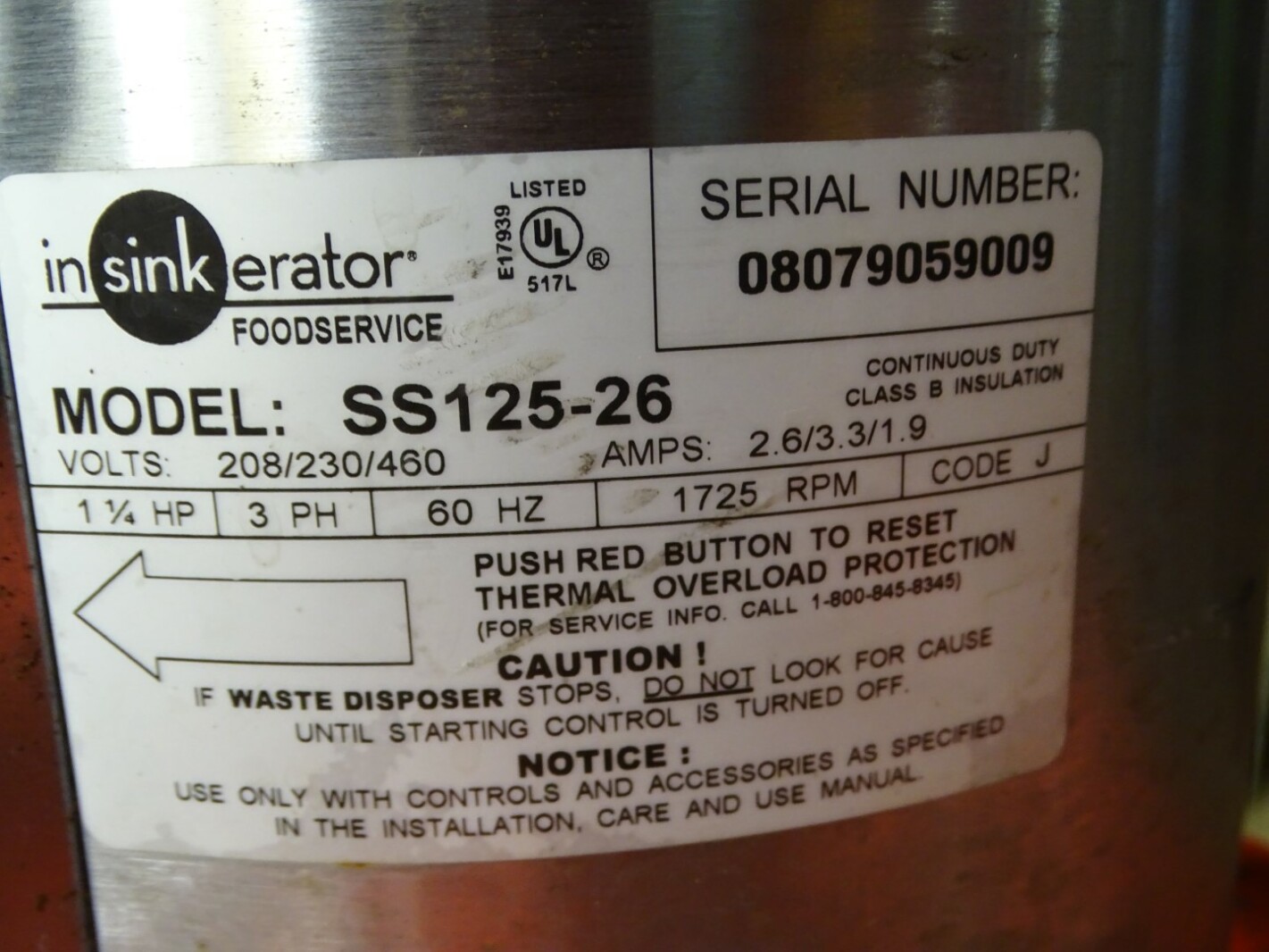Insinkerator Commercial Garbage Disposal 1-1/4hp 3ph 1725rpm , SS125-26