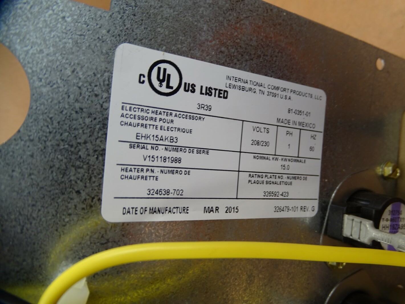 Interntional Comfort Electric Heater, Heating Assembly 15kW, EHK15AKB