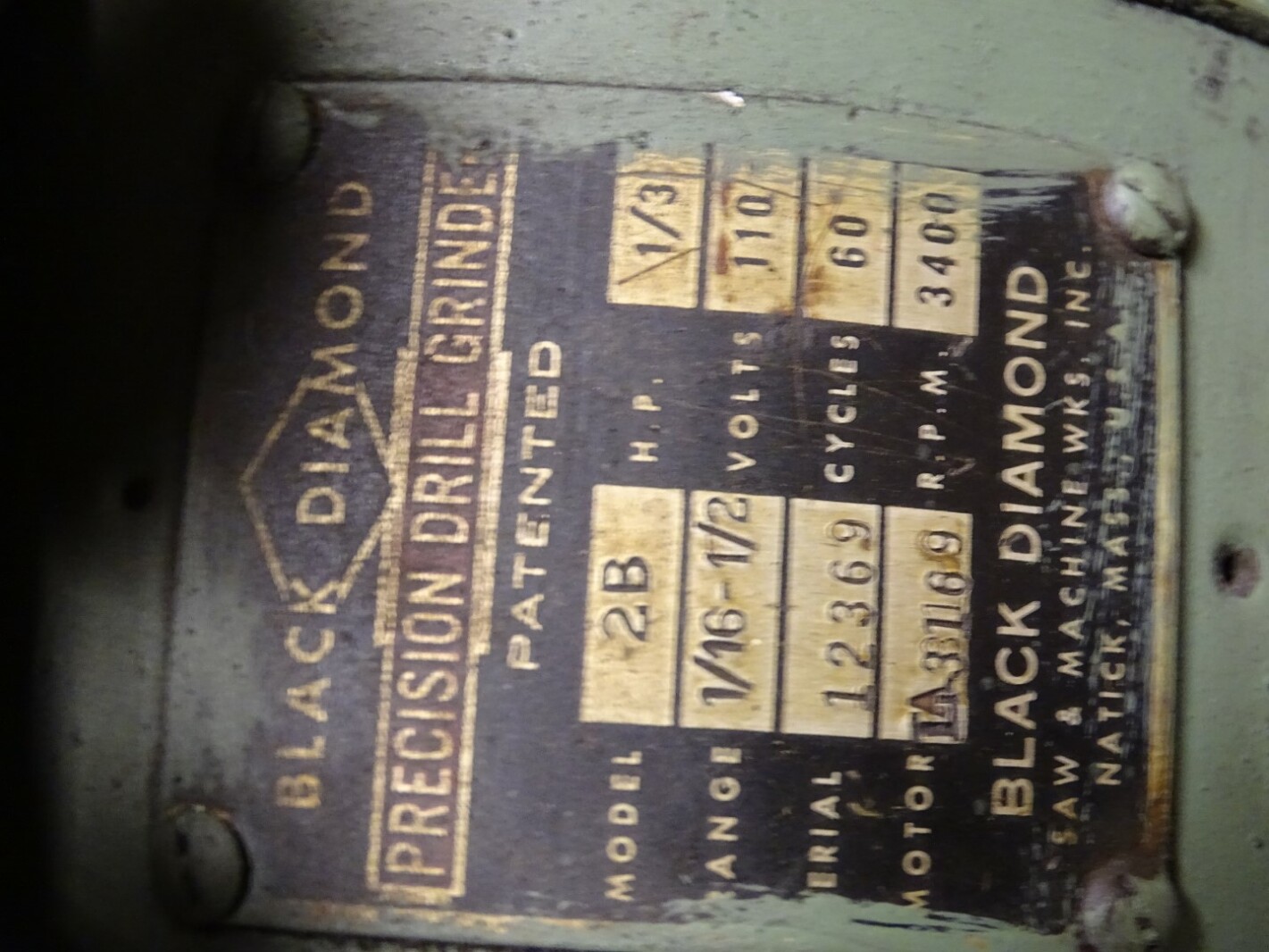 Black Diamond Precision Drill Grinder *Needs Switch/Cord* 1/3Hp 110V 3400rpm, 2B