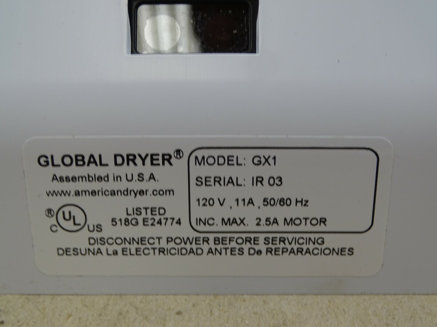 Global Dryer Automatic Hand Dryer 120V 11A 50/60Hz, GX1