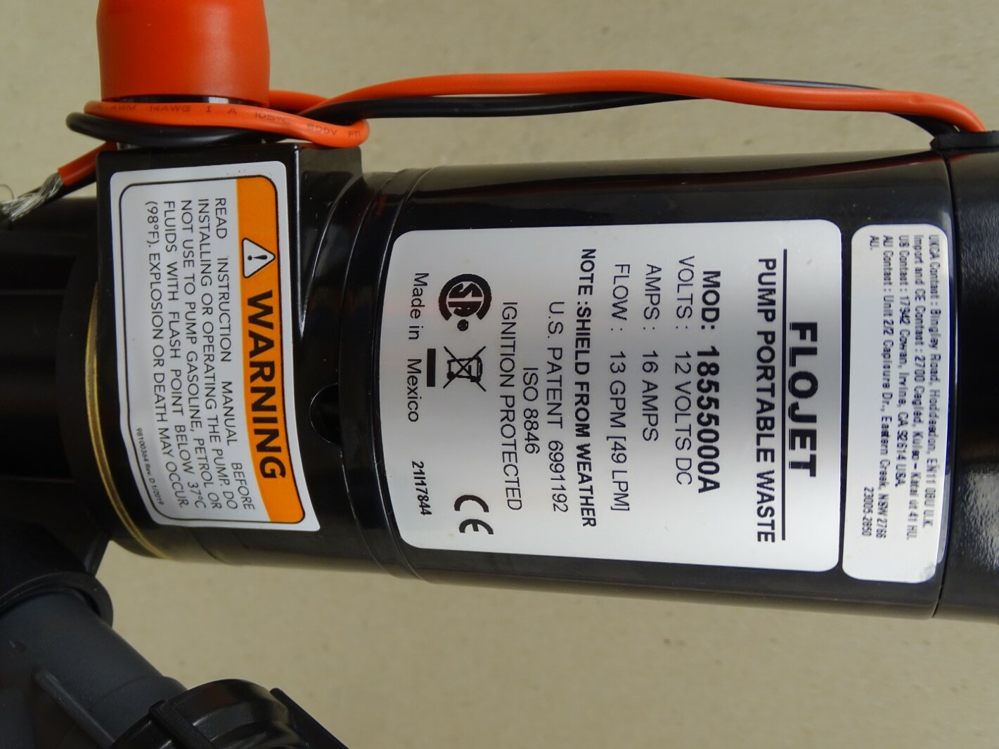 FloJet Portable RV Waste Pump 13GPM 12V 16A, 18555000A