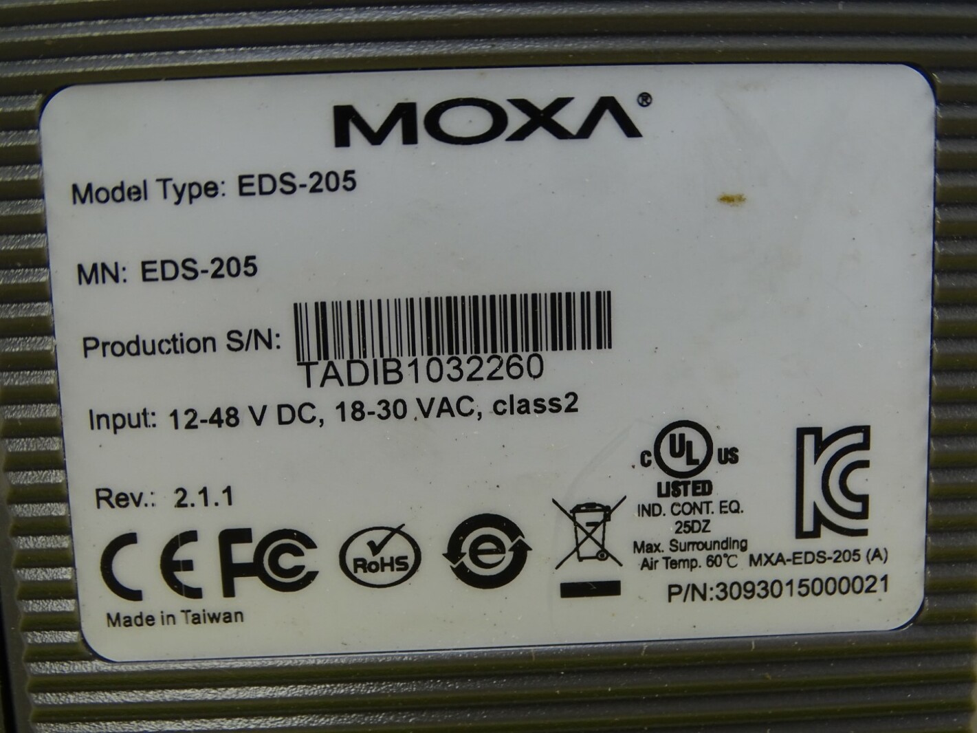 Moxa Class 2 Ethernet Switch/inverter 12-48VDc 18-30Vac, EDS-205