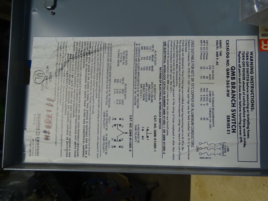 Square D QMB Branch Switch  100amp, 3 pole, 600v, ser. E1, QMB363HW