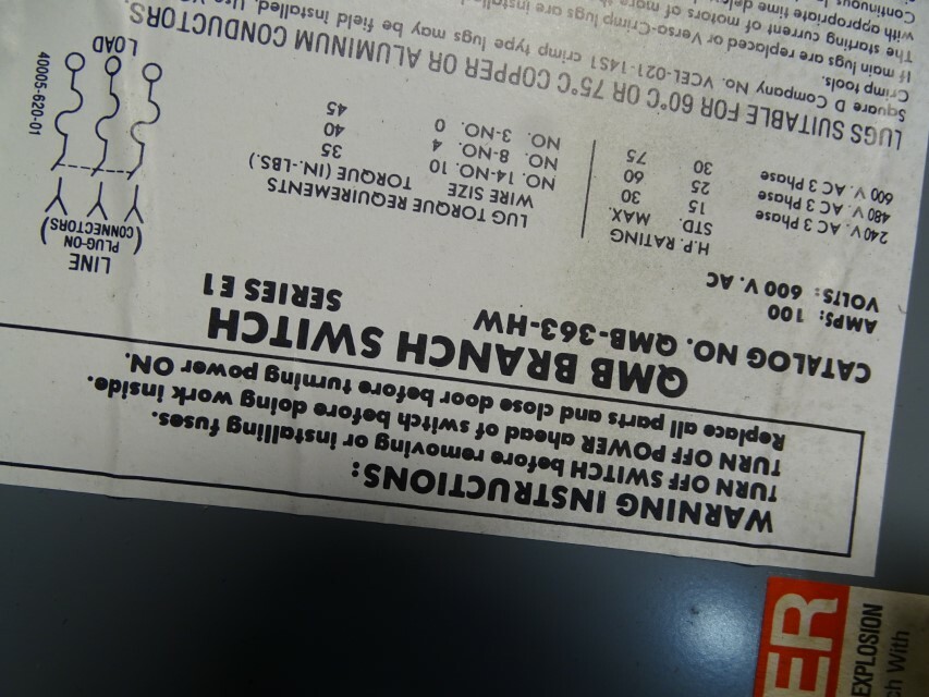 Square D QMB Branch Switch  100amp, 3 pole, 600v, ser. E1, QMB363HW