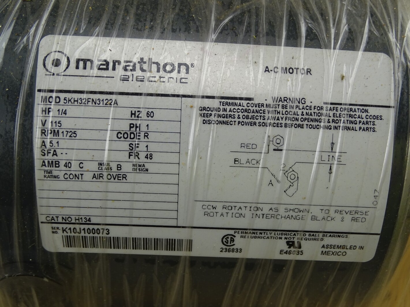 Marathon 1/4HP AC Motor H134 115V 1725RPM 60Hz , 5KH32FN3122A