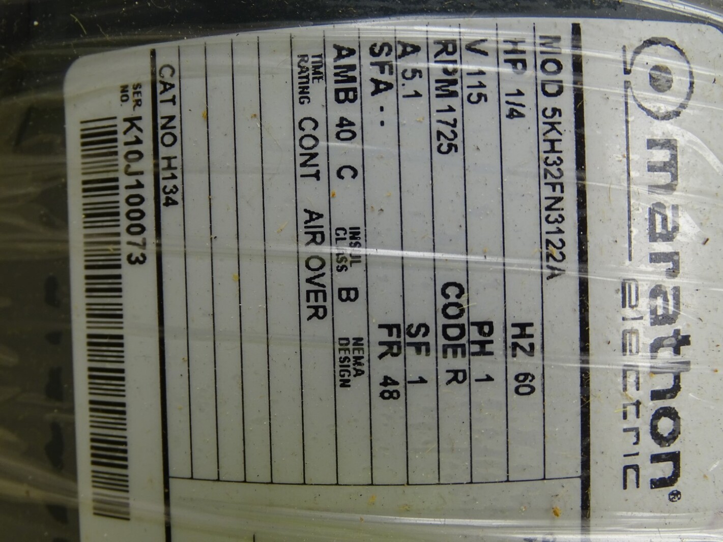 Marathon 1/4HP AC Motor H134 115V 1725RPM 60Hz , 5KH32FN3122A