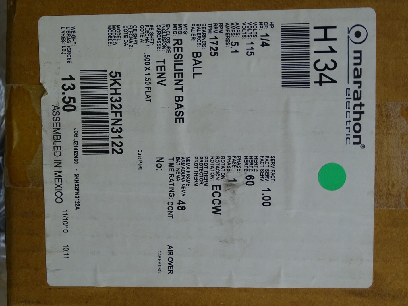 Marathon 1/4HP AC Motor H134 115V 1725RPM 60Hz , 5KH32FN3122A