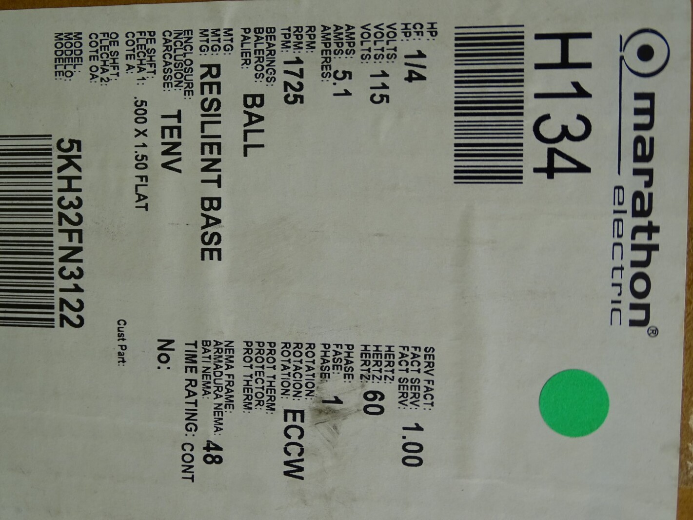 Marathon 1/4HP AC Motor H134 115V 1725RPM 60Hz , 5KH32FN3122A
