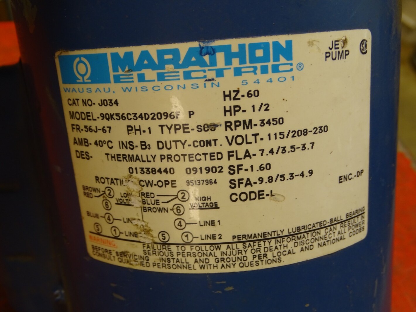 Marathon 1/2HP Electric Motor J034 1PH, 115/208-230V, 3450RPM, 9QK56C34D2096F