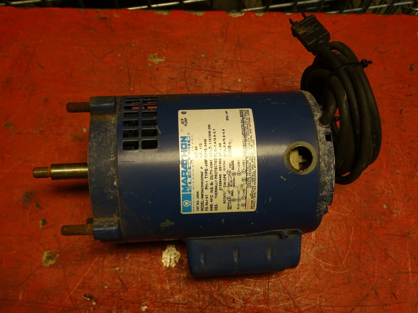 Marathon 1/2HP Electric Motor J034 1PH, 115/208-230V, 3450RPM, 9QK56C34D2096F
