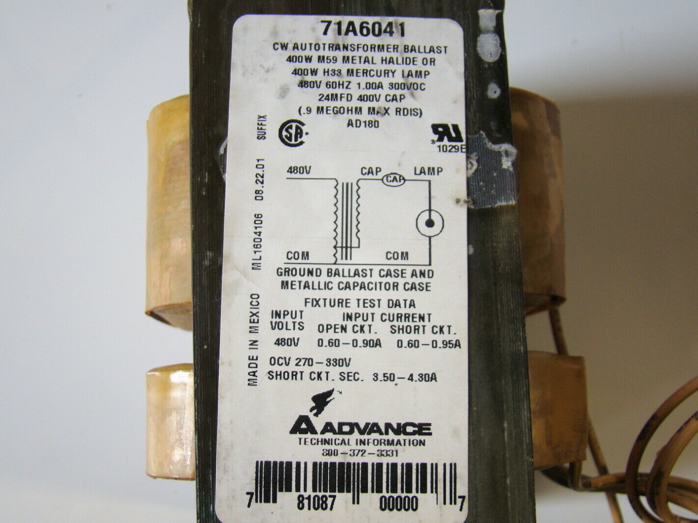 Advance 400w Ballast 480v 71A6041 Joseph Fazzio, Incorporated